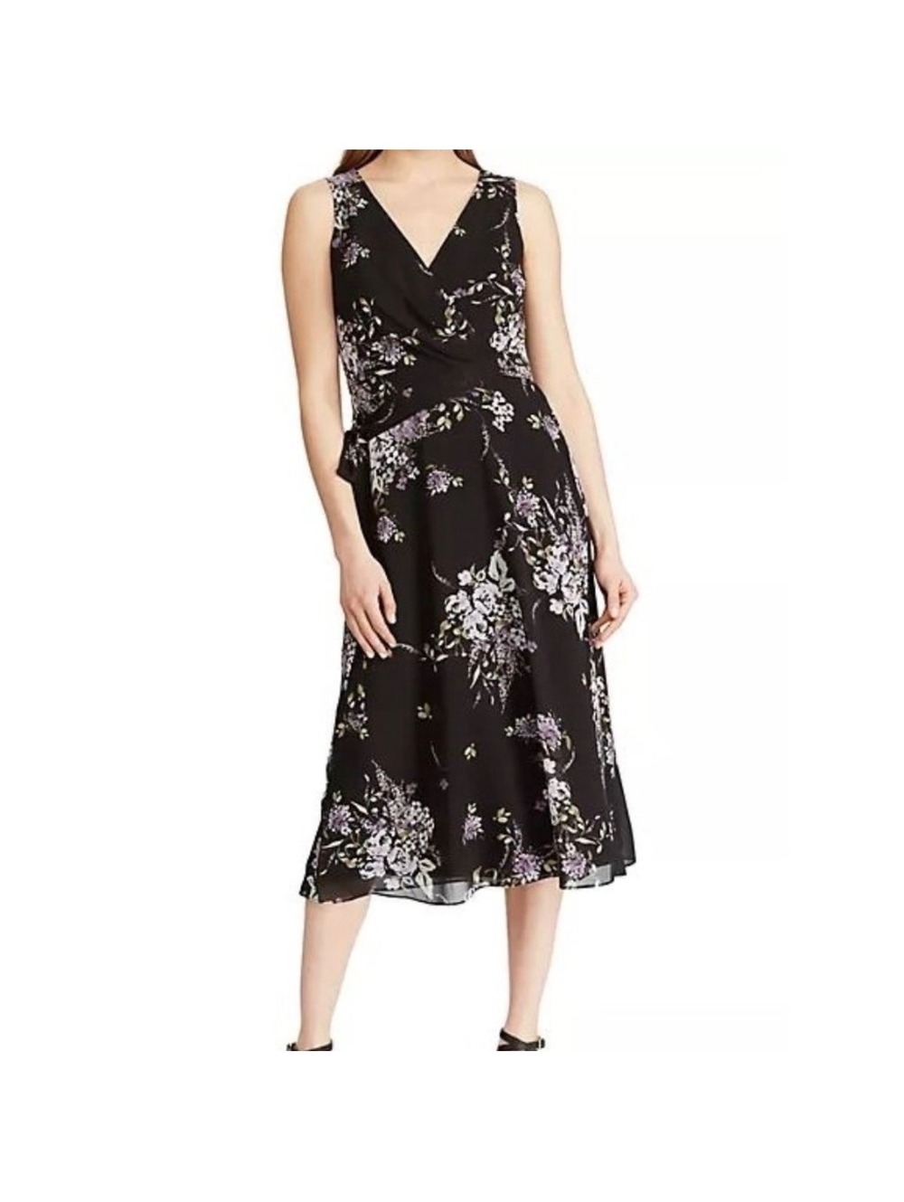 Lauren Ralph Lauren Black Floral Sleeveless Midi Dress with V-Neck and Tie Waist